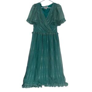 Vintage 1980s Gentillesse Womens Midi Dress Sz M Seagram Green Ruffle Surplice